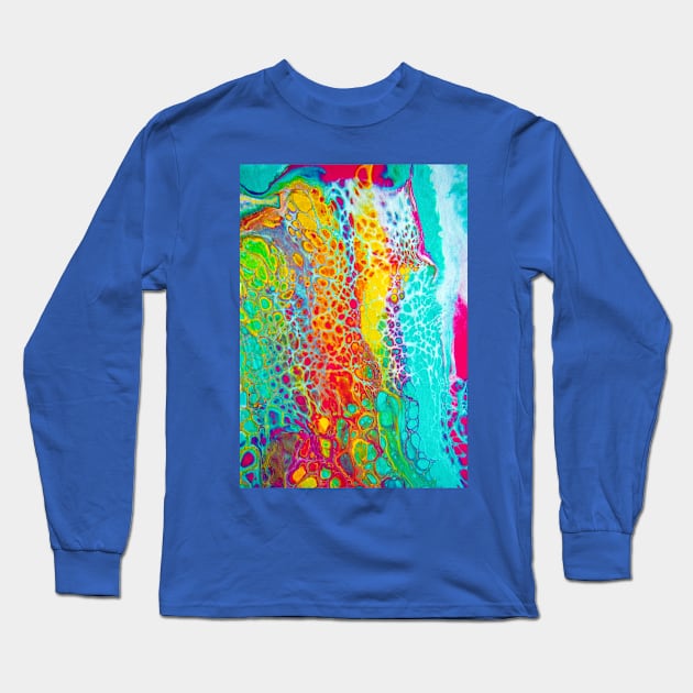 "Cellular Rainbow" - Acrylic Paint Pour Long Sleeve T-Shirt by Colette22